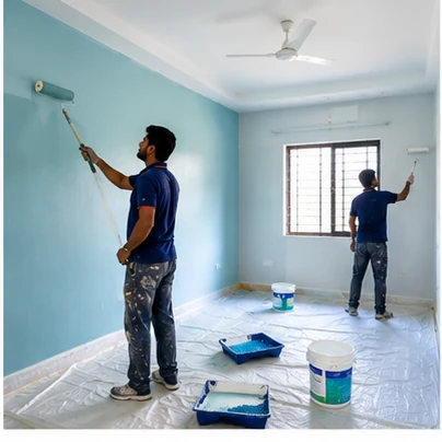 Professional painter preparing and painting walls in a living room