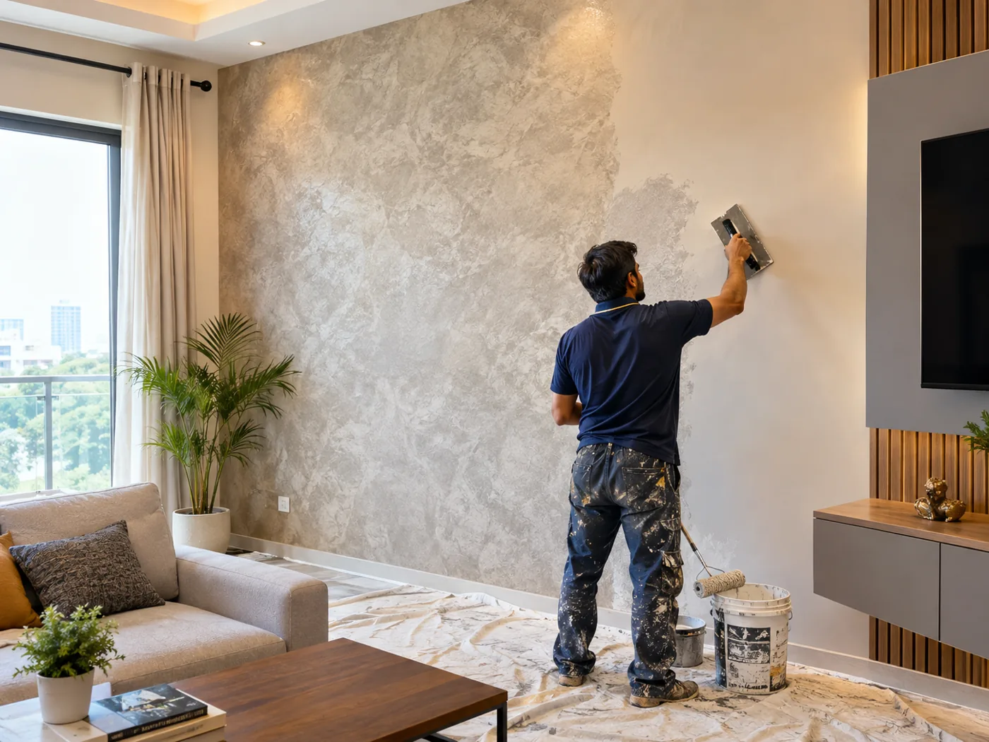 Designer texture finish on an interior wall