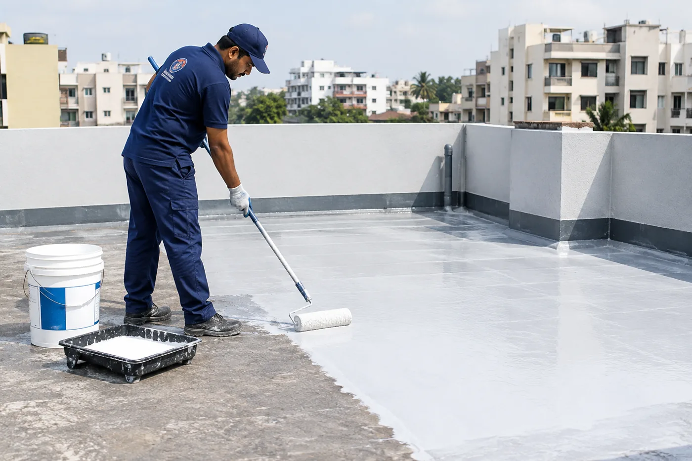 Terrace waterproofing coating work by a painter